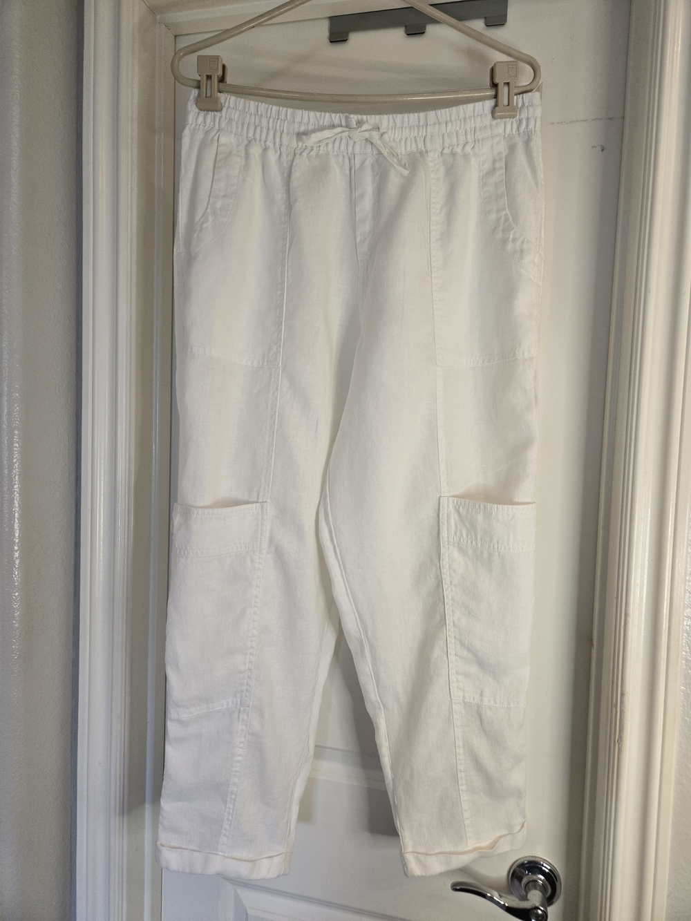 Garnet Hill White Women's Drawstring Pull On 100% Linen Cargo Pants, Size Medium